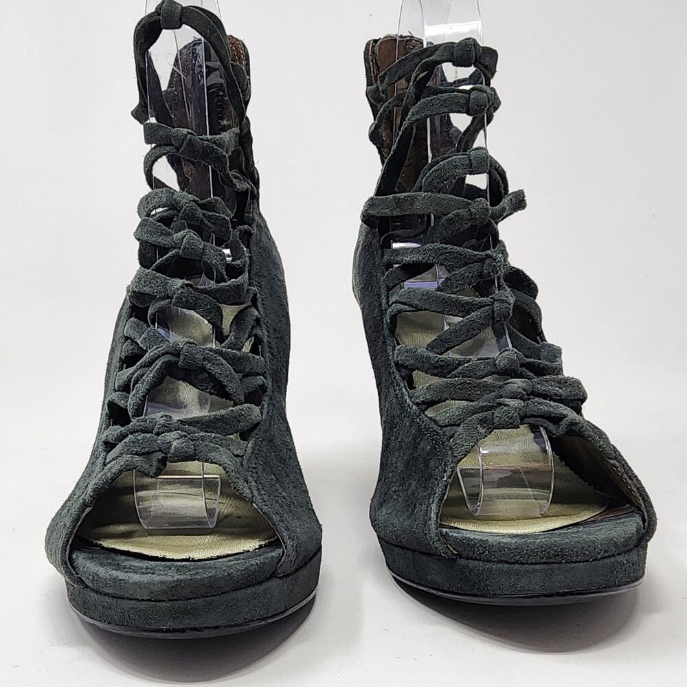 B. Makowsky Wedge Heels Women 6.5 Famie Green Suede strappy platform Peep Toe - Picture 4 of 9